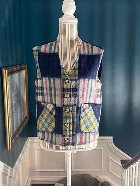 Plaid Wool Button-Up Vest in Navy, Yellow & Red vision 1 vintage small v4122